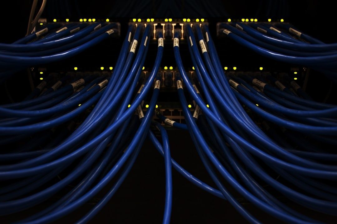 Blue network cables curve through illuminated rack connections