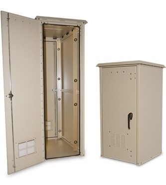 Open and closed outdoor electrical enclosure cabinets in a neutral finish